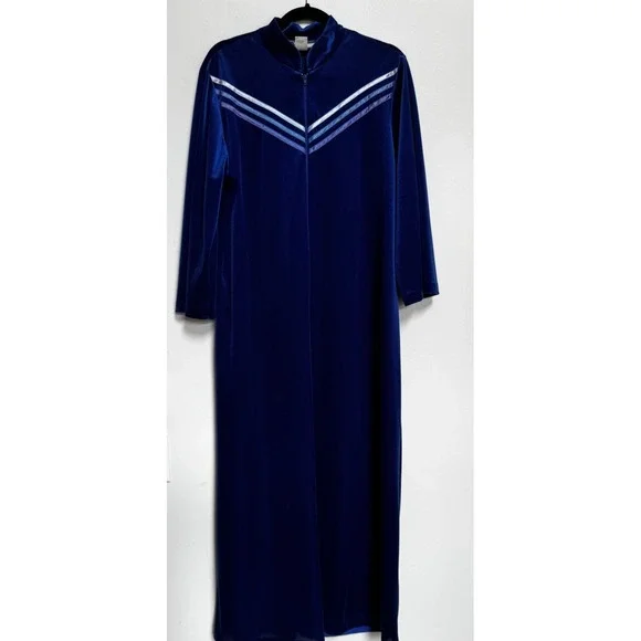 Vtg Blue Velour House Coat Robe M Zip Long Sleeves Cozy Modest Full Length Long - Picture 1 of 10